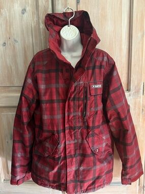 Burton Red Snowboarding Ski Snow Winter Black Plaid Hooded Jacket Medium